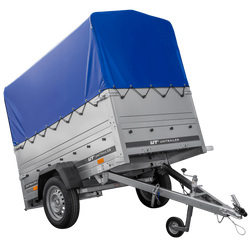 Rimorchio da giardino 200 Kipp con ruota tastatrice, sponde BIS, telaio H-800 e copertura blu