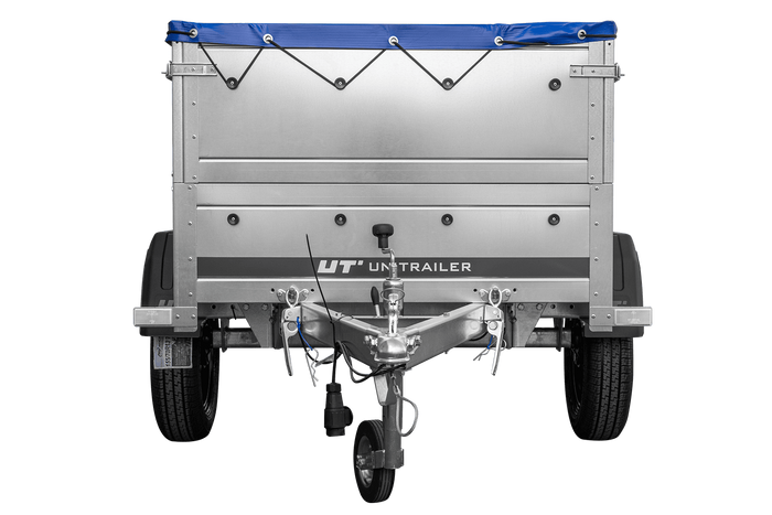 Rimorchio carrello leggero senza freni trasporto cose 750 kg Unitrailer Garden Trailer 150 kipp (new) con ruotino sovrasponde e telo blu