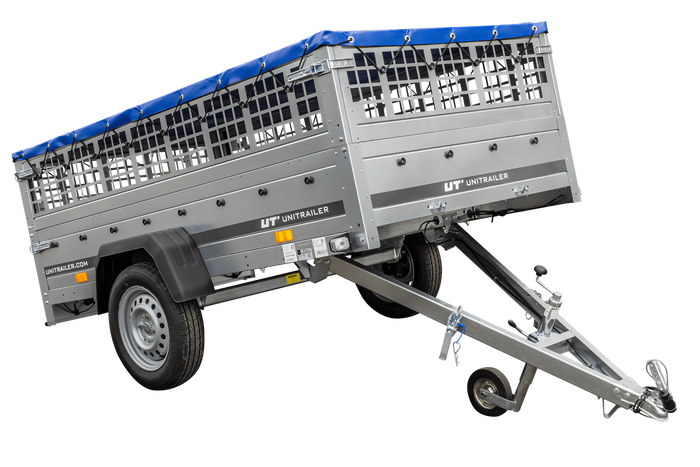 Rimorchio leggero 230x125 UNITRAILER GARDEN 230 KIPP con lati in rete, telaio H-0 e copertura blu