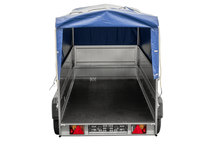 Rimorchio per auto a due assi UNITRAILER GARDEN TRAILER 264/2 KIPP CON RUOTA DI SOSTEGNO, FIANCHI BIS, TELAIO H-800 E COPERTURA BLU