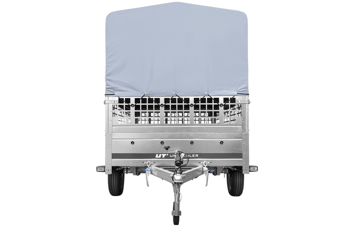 RIMORCHIO TRASPORTO COSE RIMORCHIO LEGGERO 750 KG UNITRAILER GARDEN TRAILER 264 KIPP CON SOVRASPONDE A RETE RUOTINO CENTINA E TELO GRIGIO