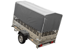 Rimorchio per auto 230x125 UNITRAILER GARDEN 230 KIPP con sponde in rete, telaio H-800 e copertura grigia