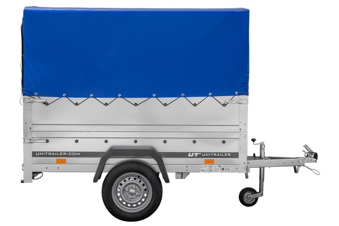 Rimorchio per auto 200x106 UNITRAILER GARDEN 200 KIPP con sponde BIS, telaio H-800 e telo di copertura blu