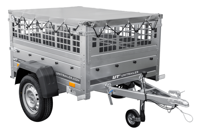 Rimorchio per auto 150x106 UNITRAILER GARDEN 150 KIPP con lati in rete e copertura grigia