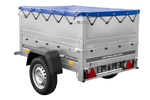 Rimorchio carrello leggero senza freni trasporto cose 750 kg Unitrailer Garden Trailer 150 kipp (new) con ruotino sovrasponde e telo blu