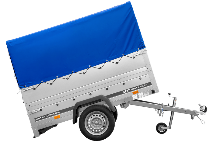 Rimorchio monoasse 200x125 UNITRAILER GARDEN 201 KIPP con sponde BIS, telaio H-800 e telo di copertura blu