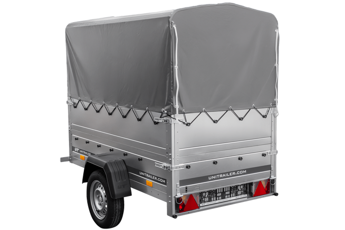 Rimorchio carrello trasporto cose rimorchio leggero 750 kg Unitrailer Garden Trailer 200 kipp con sovrasponde ruotino centina e telo grigio 