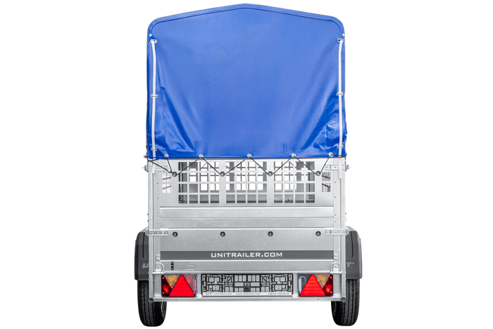 Rimorchio leggero 200x106 UNITRAILER GARDEN 200 KIPP con sponde in rete, telaio H-800 e telo di copertura blu