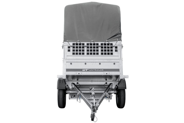 Rimorchio per auto 200x106 UNITRAILER GARDEN 200 KIPP con sponde in rete, telaio H-800 e copertura grigia