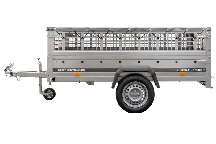 Rimorchio per auto 230x125 UNITRAILER GARDEN 230 KIPP con lati in rete e copertura grigia