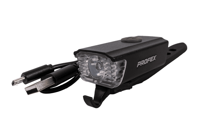 Faro anteriore per bicicletta PROFEX 82004 Pro in alluminio, batteria ai polimeri di litio e USB.