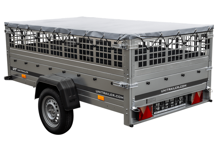 Rimorchio monoasse 230x125 UNITRAILER GARDEN 230 KIPP con sponde in rete, telaio H-0 e copertura grigia