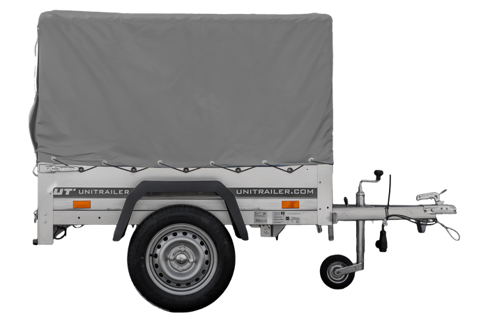 Rimorchio carello trasporto cose rimorchio leggero 750 kg Unitrailer Garden Trailer 150 kipp con ruotino centina e telo grigio