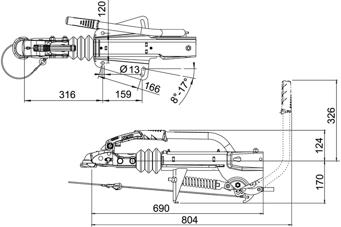Dispositivo di inerzia AL-KO 251S con gancio AK270 per rimorchio da 2700 kg con timone a V