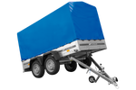 Przyczepka dwuosiowa 264x125 UNITRAILER GARDEN 264/2 KIPP ze stelażem H-1100 i plandeką niebieską