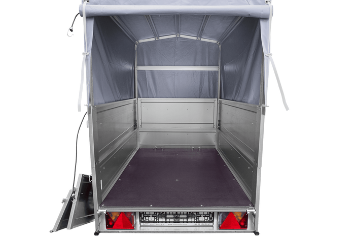 Rimorchio monoasse 150x106 UNITRAILER GARDEN 150 KIPP con sponde BIS, telaio H-800 e copertura grigia