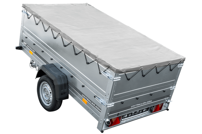 Rimorchio leggero Garden Trailer 230 kipp con ruotino sovrasponde e telone grigio