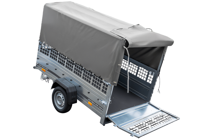 Rimorchio per auto 230x125 UNITRAILER GARDEN 230 KIPP con sponde in rete, telaio H-800 e copertura grigia