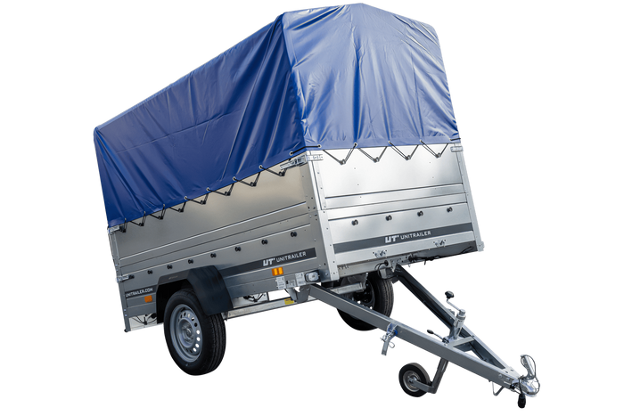 Rimorchio leggero 230x125 UNITRAILER GARDEN 230 KIPP con sponde BIS, telaio H-800 e telo di copertura blu