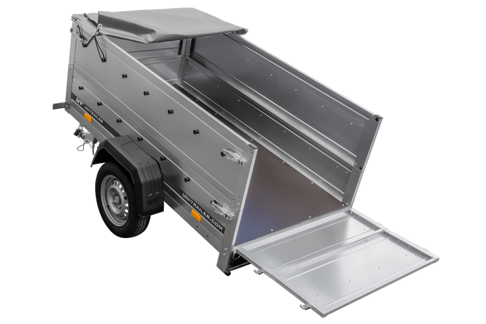 Rimorchio carrello leggero senza freni trasporto cose 750 kg Unitrailer Garden Trailer 200 kipp (new) con ruotino sovrasponde e telo grigio