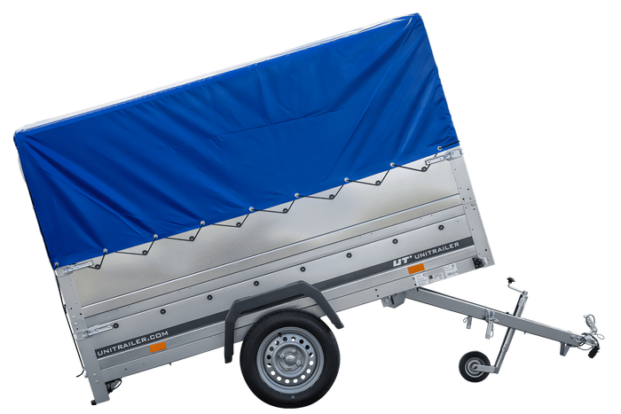 Rimorchio leggero 230x125 UNITRAILER GARDEN 230 KIPP con sponde BIS, telaio H-800 e telo di copertura blu