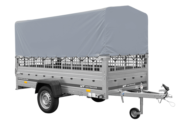 RIMORCHIO TRASPORTO COSE RIMORCHIO LEGGERO 750 KG UNITRAILER GARDEN TRAILER 264 KIPP CON SOVRASPONDE A RETE RUOTINO CENTINA E TELO GRIGIO