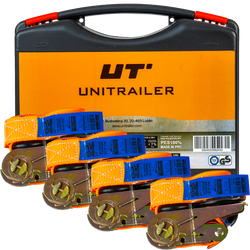 Set di quattro cinghie di trasporto UNITRAILER arancioni da 4 m/25 mm/0,68 t con tenditore, in valigetta.
