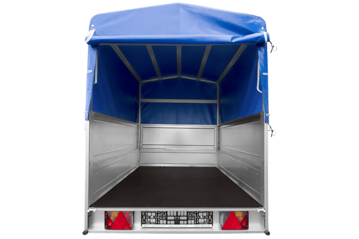 Rimorchio monoasse 200x125 UNITRAILER GARDEN 201 KIPP con sponde BIS, telaio H-800 e telo di copertura blu