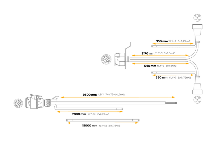 Impianto elettrico MANTES, cablaggio per rimorchio barca, 11,67 m, spina a 13 pin, 2 baionette a 5 pin