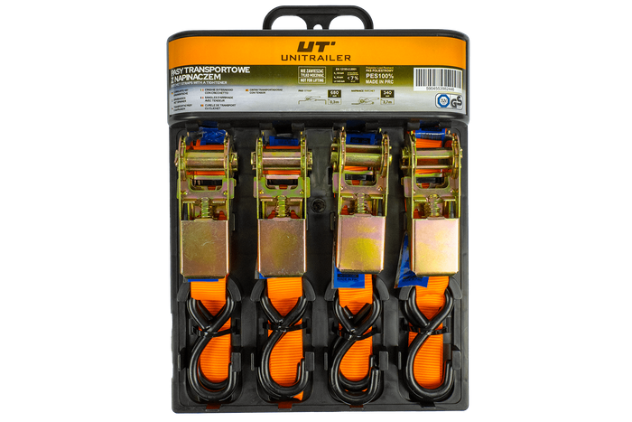 Set di quattro cinghie di trasporto UNITRAILER arancioni da 4 m/25 mm/0,68 t con tenditore