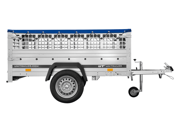 Rimorchio monoasse 200x106 UNITRAILER GARDEN 200 KIPP con sponde in rete e telone blu