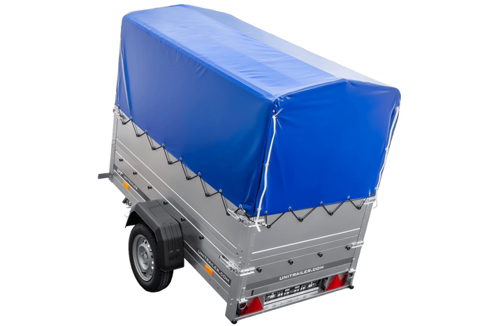 Rimorchio per auto 200x106 UNITRAILER GARDEN 200 KIPP con sponde BIS, telaio H-800 e telo di copertura blu