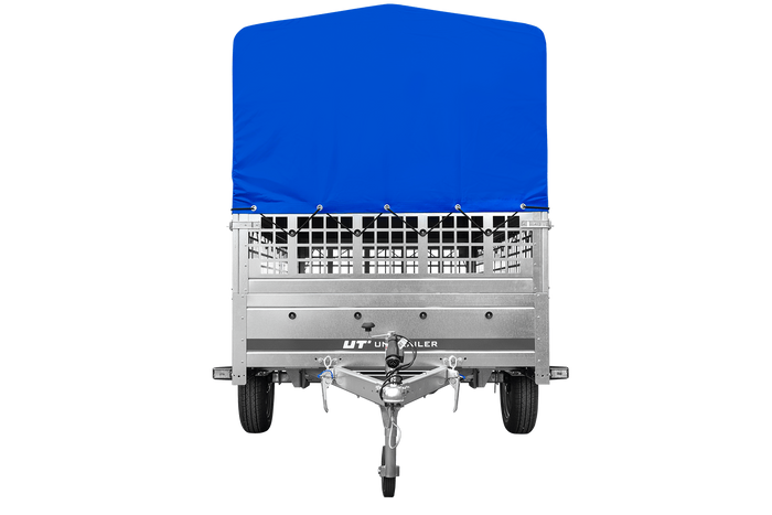 RIMORCHIO DA GIARDINO 264 KIPP CON RUOTA DI SOSTEGNO, SPONDE IN RETE, TELAIO H-800 E COPERTURA BLU