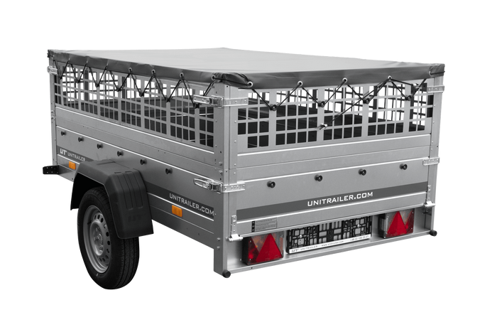 Rimorchio monoasse 200x125 UNITRAILER GARDEN 201 KIPP con sponde in rete e copertura grigia