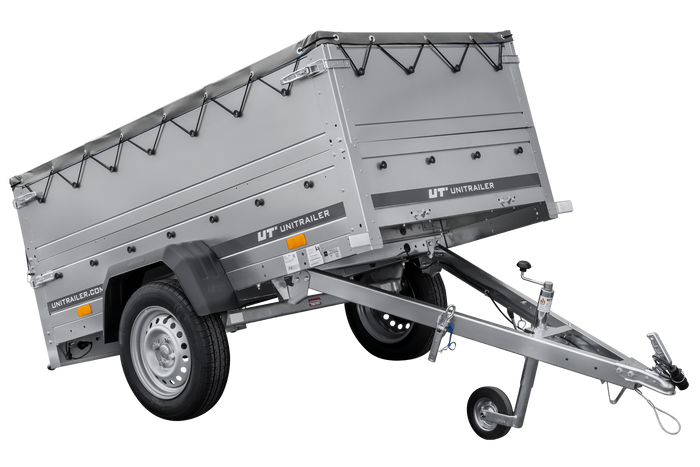 Rimorchio carrello leggero senza freni trasporto cose 750 kg Unitrailer Garden Trailer 200 kipp (new) con ruotino sovrasponde e telo grigio