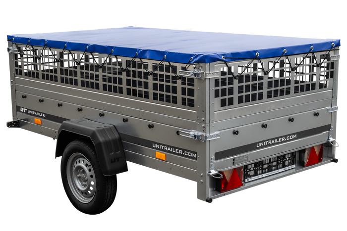 Rimorchio per auto 230x125 UNITRAILER GARDEN 230 KIPP con lati in rete e telone blu