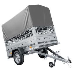 rimorchio carello trasporto cose rimorchio leggero 750 kg Unitrailer Garden Trailer 200 kipp con sovrasponde a rete ruotino centina e telo grigio