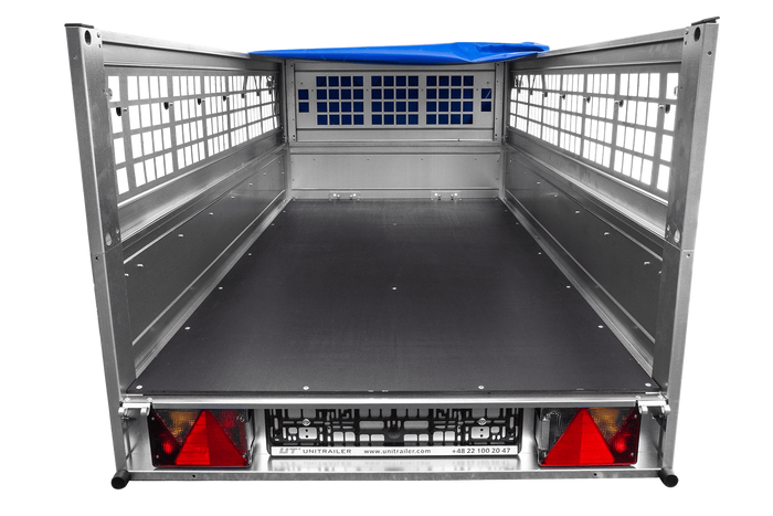 RIMORCHIO DA GIARDINO 200 KIPP CON RUOTA DI APPOGGIO, FIANCHI IN RETE, TELAIO H-0 E COPERTURA BLU