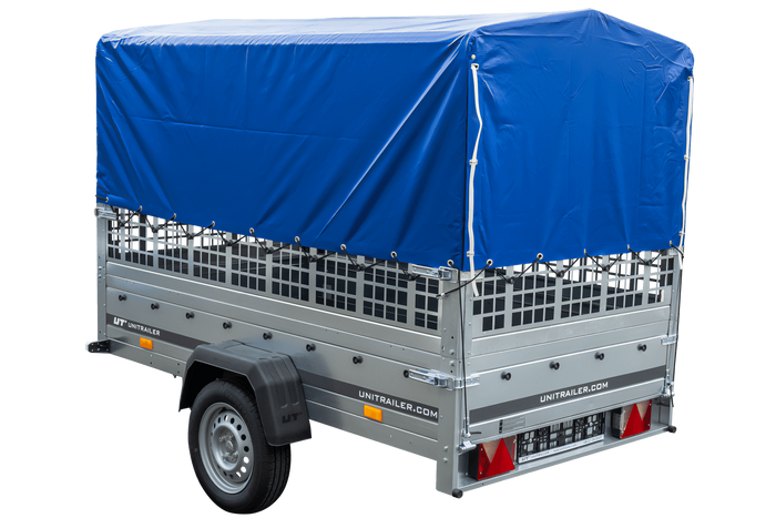Rimorchio monoasse 230x125 UNITRAILER GARDEN 230 KIPP con sponde in rete, telaio H-800 e telone blu