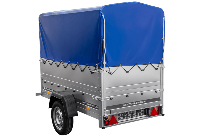 Rimorchio per auto 200x106 UNITRAILER GARDEN 200 KIPP con sponde BIS, telaio H-800 e telo di copertura blu