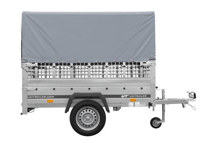 Rimorchio monoasse 200x125 UNITRAILER GARDEN 201 KIPP con sponde in rete, telaio H-800 e copertura grigia