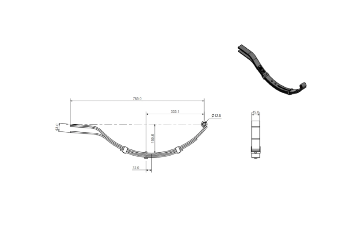 Molla a 4 foglie per rimorchi da 76,5 cm e 375 kg.