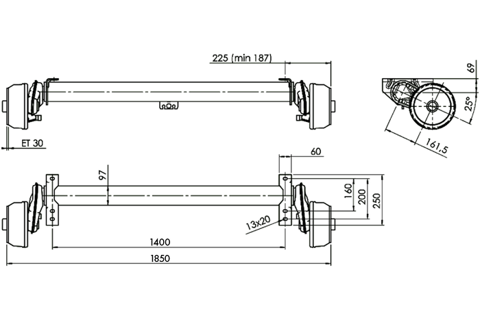 Assale frenato AL-KO COMPACT per rimorchio/carro attrezzi 1500kg 1400mm 1850mm 5x112