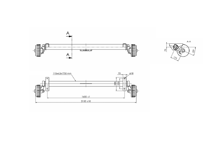Assale frenato AL-KO EURO per rimorchio/portauto 1800 kg 1650 mm 2150 mm 5x112