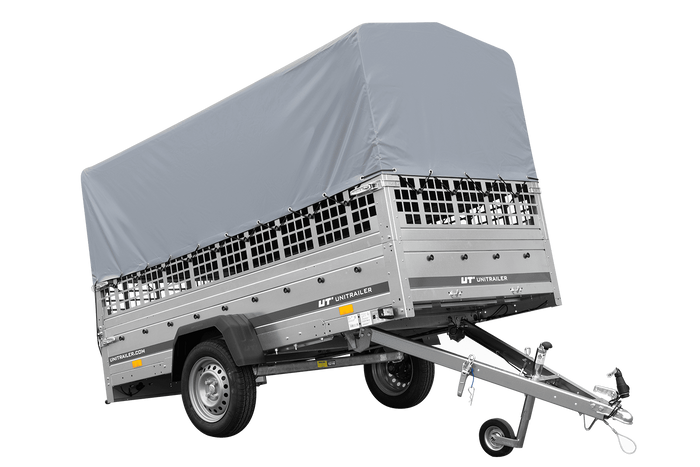 RIMORCHIO TRASPORTO COSE RIMORCHIO LEGGERO 750 KG UNITRAILER GARDEN TRAILER 264 KIPP CON SOVRASPONDE A RETE RUOTINO CENTINA E TELO GRIGIO