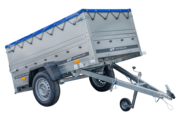 Nuovo rimorchio per auto GARDEN TRAILER 200 KIPP con ruotino d'appoggio, sovrasponde e telo piatto blu