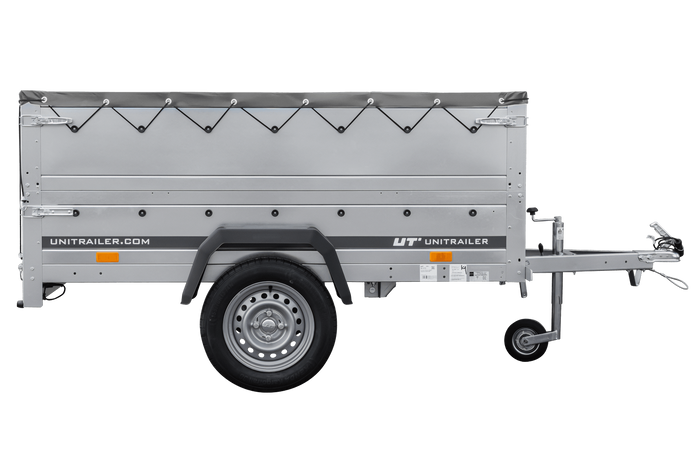 Rimorchio carrello leggero senza freni trasporto cose 750 kg Unitrailer Garden Trailer 200 kipp (new) con ruotino sovrasponde e telo grigio