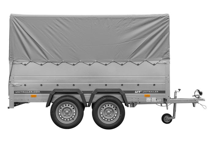 Rimorchio per auto a 2 assi UNITRAILER GARDEN TRAILER 264/2 KIPP con ruota di supporto, sponde bis, telaio h-800 e telo grigio