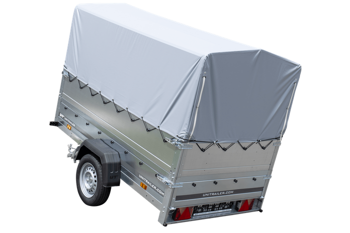 Rimorchio per auto 230x125 UNITRAILER GARDEN 230 KIPP con sponde BIS, telaio H-800 e copertura grigia