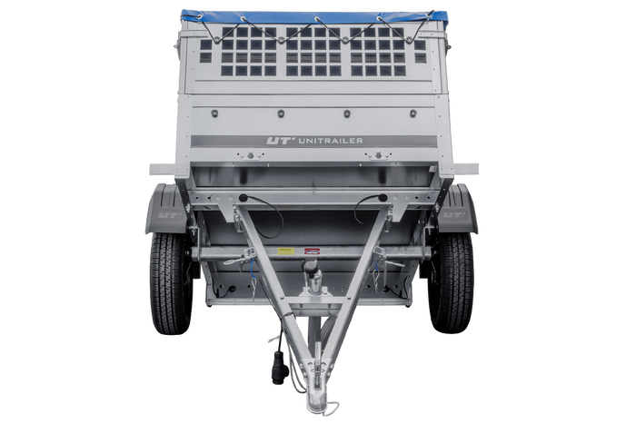 Rimorchio per auto 150x106 UNITRAILER GARDEN 150 KIPP con lati in rete e copertura blu